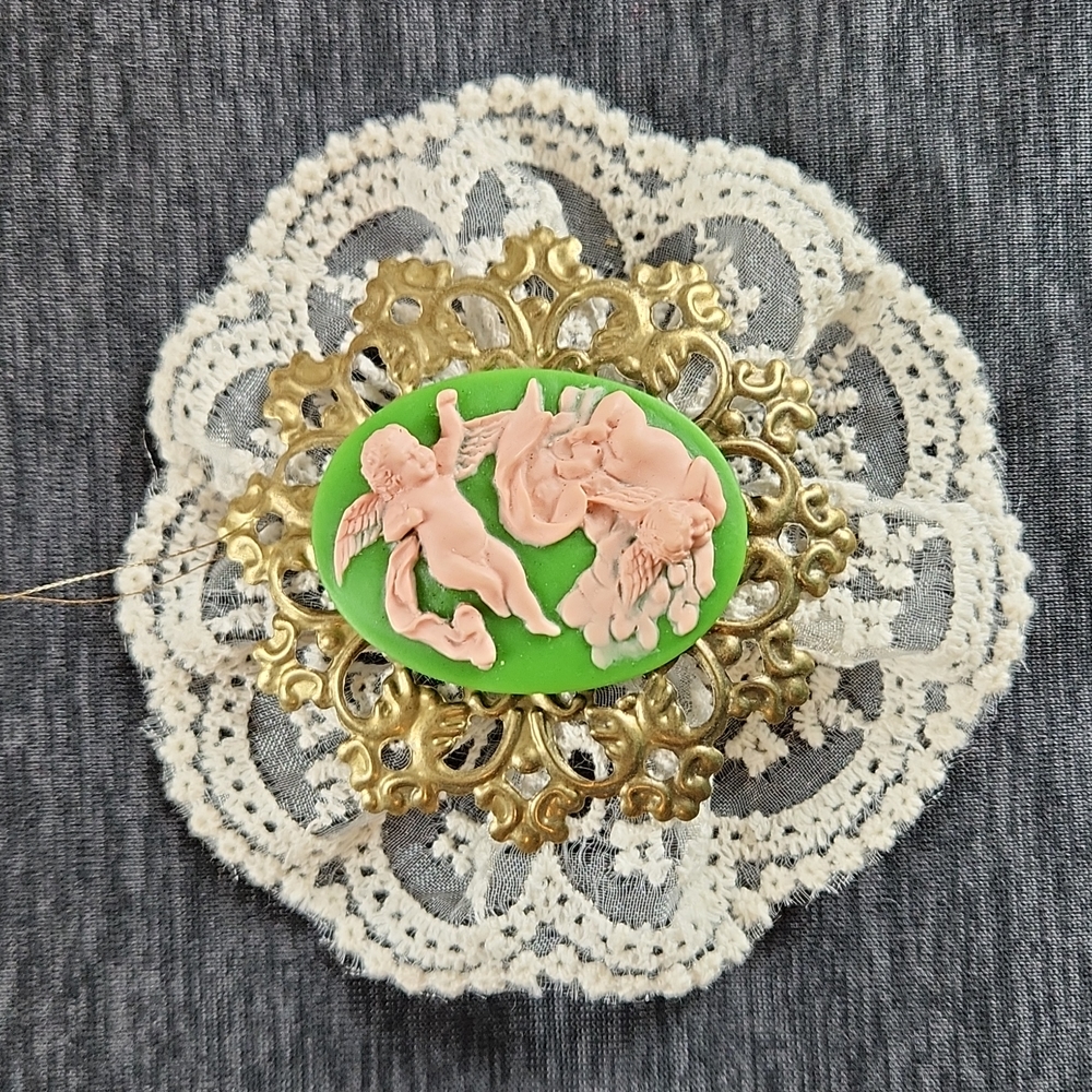 HANDMADE Angel cherub cameo ornament, with lace, NEW!